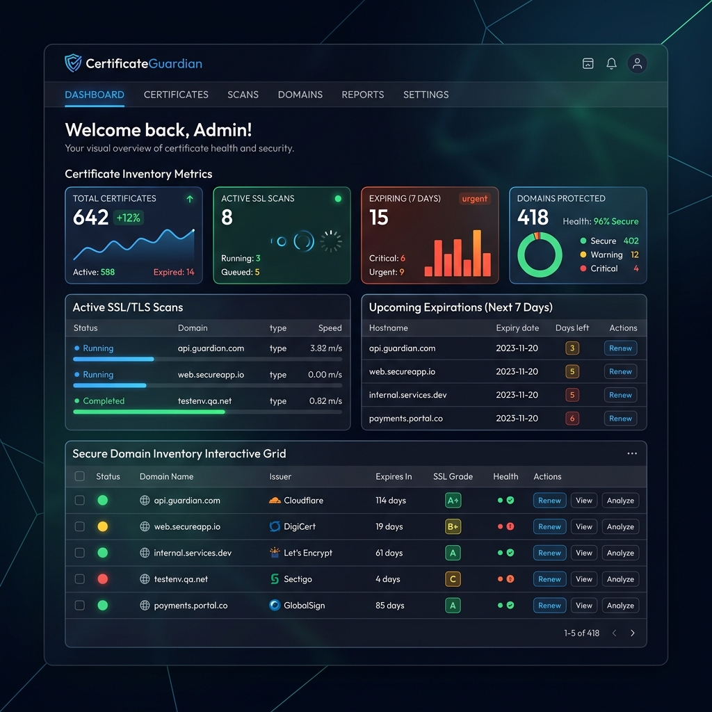 CertificateGuardian SSL/TLS monitoring dashboard showing active certificate status and pre-expiry alerts